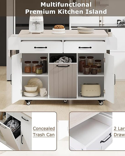 Kitchen Island with Trash Can Storage Cabinet, Kitchen Cart with Drop Leaf, Spice Rack, Towel Rack and Drawer, Rolling Kitchen Island on Wheels with Adjustable Shelf, White - LeafyLoom