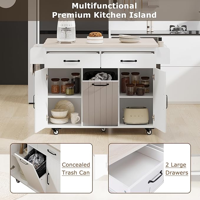 Kitchen Island with Trash Can Storage Cabinet, Kitchen Cart with Drop Leaf, Spice Rack, Towel Rack and Drawer, Rolling Kitchen Island on Wheels with Adjustable Shelf, White - LeafyLoom