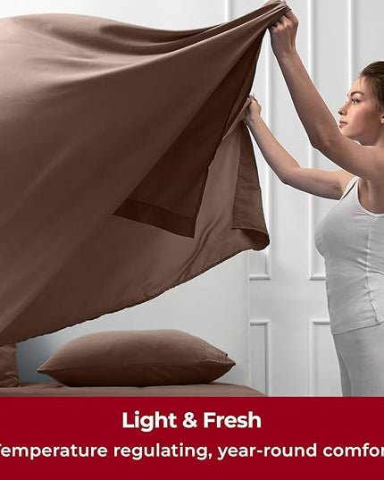Mellanni Split King Sheets Set - 7 PC Iconic Collection Bedding Sheets & Pillowcases - Ultra Soft, Cooling Bed Sheets - Deep Pocket up to 16 inch - 7 PC (Split King, Brown w/Extra Pillow Cases) - LeafyLoom