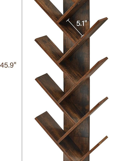 10 Shelf Tree Bookshelf, Floor Standing Wood Bookshelf for Books/Magazine/CDs/Movies, Modern Storage Rack Tree Bookcase, Utility Organizer Shelves for Narrow Space Home Office, Rustic Brown - LeafyLoom