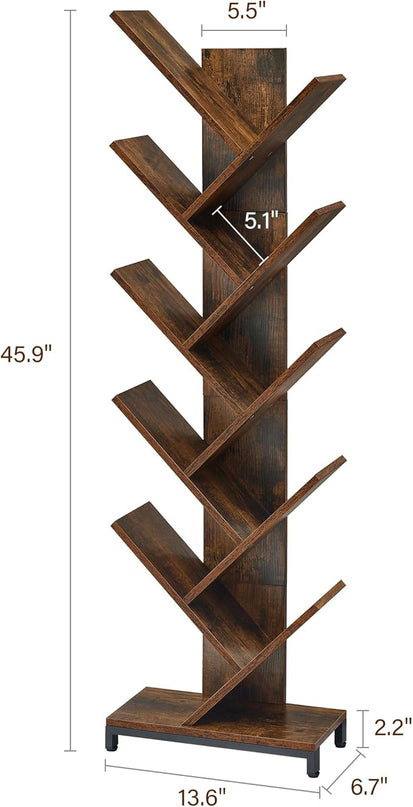 10 Shelf Tree Bookshelf, Floor Standing Wood Bookshelf for Books/Magazine/CDs/Movies, Modern Storage Rack Tree Bookcase, Utility Organizer Shelves for Narrow Space Home Office, Rustic Brown - LeafyLoom