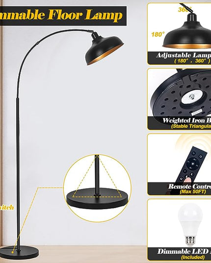 Arch Floor Lamps with Remote - Dimmable Floor Lamp 70”, Black Tall Lamp with 360° Adjustable Hanging Metal Shade, Arc Lamps Floor Standing with 9W Bulb, Over Couch Lamp for Living Room, Bedroom - LeafyLoom