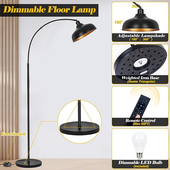 Arch Floor Lamps with Remote - Dimmable Floor Lamp 70”, Black Tall Lamp with 360° Adjustable Hanging Metal Shade, Arc Lamps Floor Standing with 9W Bulb, Over Couch Lamp for Living Room, Bedroom - LeafyLoom