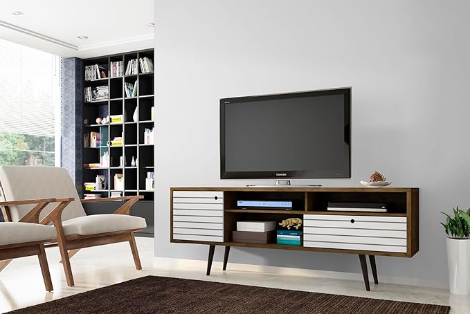 Manhattan Comfort Liberty Mid Century Modern TV Stand for Televisions up to 65 Inches, Bedroom and Living Room Entertainment Center with Storage, Shelves, and Cabinet, 71" Wide, Rustic Brown/White - LeafyLoom