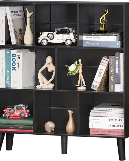 YAHARBO 8 Cube Bookshelf,3 Tier Bookcase with Legs,Black Mid-Century Modern Bookshelves,Large Free Standing Open Storage Organizer Shelf,Tall Wooden Book Case Furniture for Bedroom,Living Room,Office - LeafyLoom