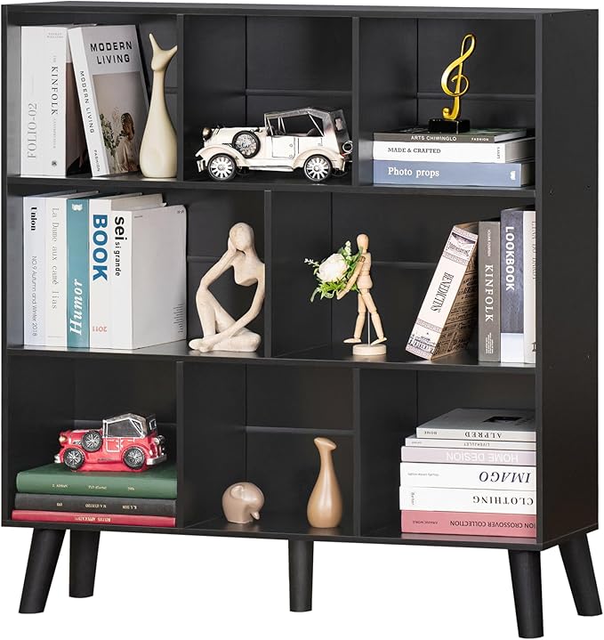 YAHARBO 8 Cube Bookshelf,3 Tier Bookcase with Legs,Black Mid-Century Modern Bookshelves,Large Free Standing Open Storage Organizer Shelf,Tall Wooden Book Case Furniture for Bedroom,Living Room,Office - LeafyLoom
