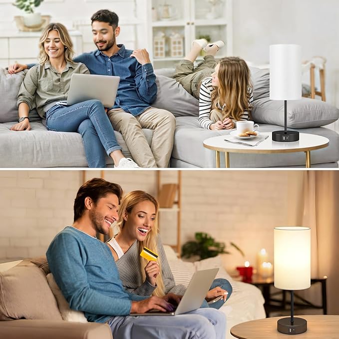 AKASUKI Table Lamp for Bedroom, 3 Way Dimmable Touch Lamp with Dual Charging Station, Small Bedside Lamps for Night Stands, Living Room, Office(LED Bulb Included) - LeafyLoom