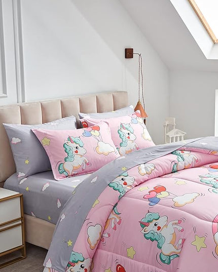 UOZZI BEDDING Kids Girls Bed in a Bag 6 Pieces Twin Size Unicorn Pink Colorful Comforter Set - (1 Soft Microfiber, Reversible Comforter, 2 Pillow Shams, 1 Flat Sheet, 1 Fitted Sheet, 1 Pillowcases) - LeafyLoom