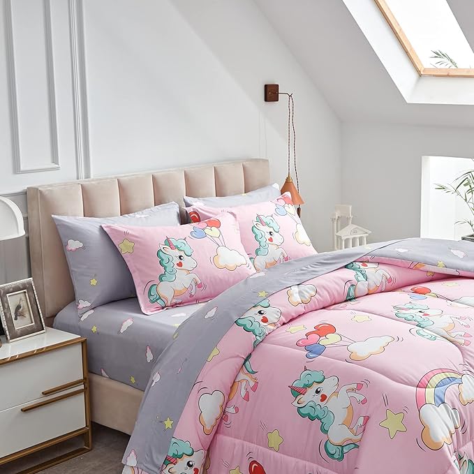 UOZZI BEDDING Kids Girls Bed in a Bag 6 Pieces Twin Size Unicorn Pink Colorful Comforter Set - (1 Soft Microfiber, Reversible Comforter, 2 Pillow Shams, 1 Flat Sheet, 1 Fitted Sheet, 1 Pillowcases) - LeafyLoom
