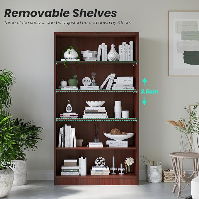 Farini 5 shelf boockase Display Bookcase Freestanding Wooden Bookshelves for Home Office Living Room,60 Inch Height,Cherry - LeafyLoom