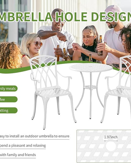 White Bistro Table and Chairs Set of 2, Cast Aluminum White Bistro Set Outdoor, Patio Bistro Sets with Umbrella Hole, Round Back Yard Set for Porch Balcony Garden - LeafyLoom
