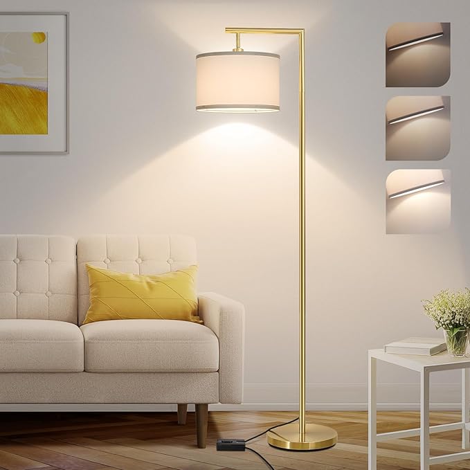 Boncoo Gold Floor Lamp, Montage Modern Standing Lamp with Flexible Lamp Head, Dimmable Floor Lamp for Living Room Tall Over Couch Reading Light for Bedroom, Office, 9W LED Bulb Included - LeafyLoom