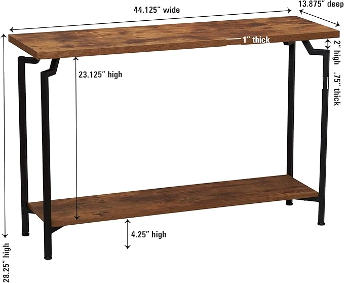 Household Essentials Crown Console Sofa Table with Storage Shelf Rustic Hickory Wood Grain and Black Metal - LeafyLoom