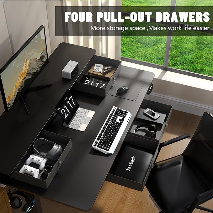 48 * 30 Inches Electric Standing Widened Desk Adjustable Height with 4 Drawers, Double Storage Shelves Stand Up Desk, Home Office Workstation Sit Stand up Desk (Classical Black) - LeafyLoom