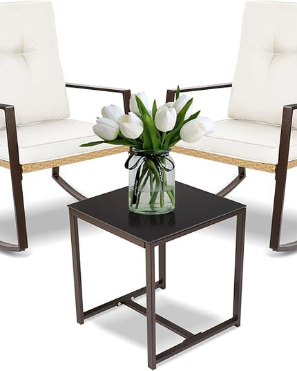 YIYAN 3 Pieces Patio Bistro Set Outdoor Rattan Wicker Rocking Chairs Set,Patio Outdoor Furniture Conversation Sets with Sofa Chairs,Glass Coffee Table and Washable cushion (Light Beige) - LeafyLoom