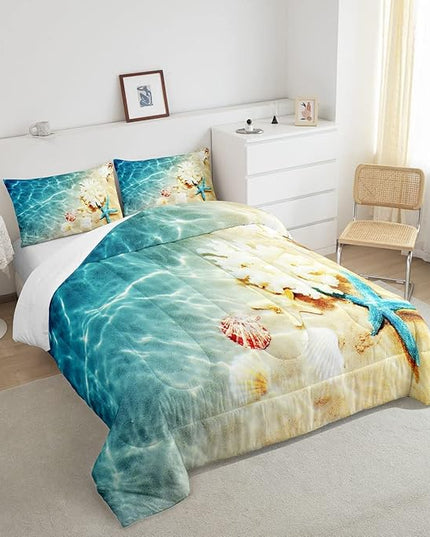 Ocean Comforter Set King Beach Bedding Coastal Nature Theme Pattern Teal Duvet Set Boys Girls Hawaiian Quilt Sets Sea Wave Animals Starfish Reversible Comforter Set 2 Pillowcases, Blue Room Decor - LeafyLoom
