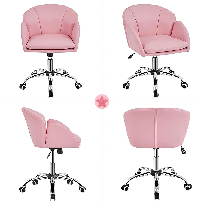 Yaheetech Cute Petal Desk Chair Home Office Chair Swivel Upholstered Leather Desk Chair Makeup Vanity Chair with Armrests for Bedroom Modern Computer Rolling Chair for Women Simple Pink - LeafyLoom