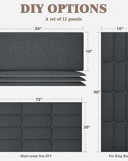 King Headboard, Wall Mounted Peel and Stick Headboard, Upholstered Tufted Bed Headboard for King Size Bed, Floating Dorm Bedroom Tall Headboard Soundproof Wall Panels (12 Panels, 10"x24") - LeafyLoom