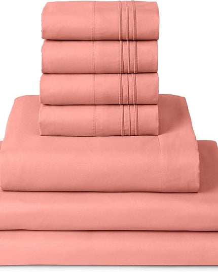 Mellanni Split King Sheets Set - 7 PC Iconic Collection Bedding Sheets & Pillowcases - Ultra Soft, Cooling Bed Sheets - Deep Pocket up to 16 inch - 7 PC (Split King, Coral w/Extra Pillow Cases) - LeafyLoom