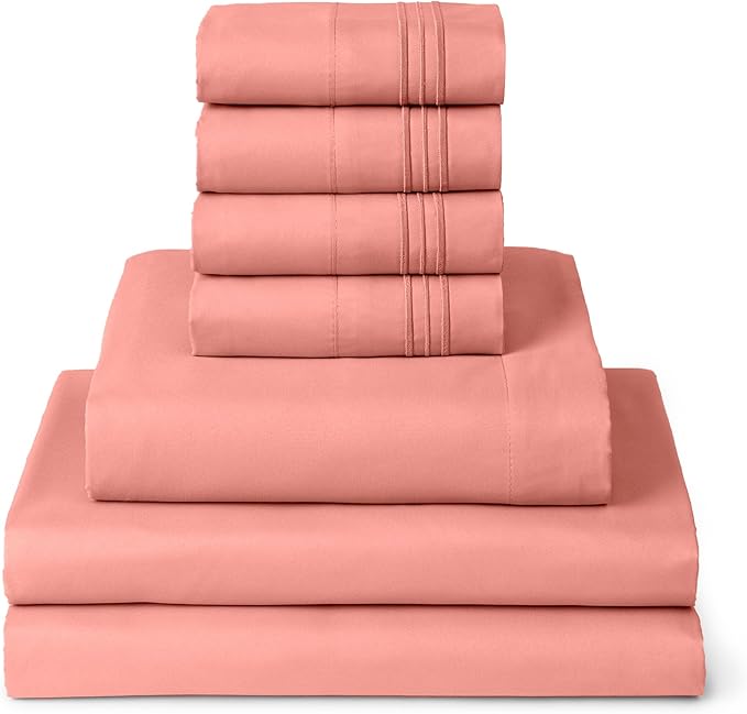 Mellanni Split King Sheets Set - 7 PC Iconic Collection Bedding Sheets & Pillowcases - Ultra Soft, Cooling Bed Sheets - Deep Pocket up to 16 inch - 7 PC (Split King, Coral w/Extra Pillow Cases) - LeafyLoom