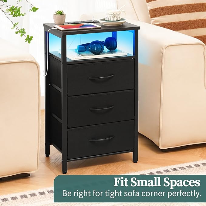 Yoobure Night Stand with Charging Station, 20 Colors LED Nightstand with USB Ports and Outlets, End Table with 3 Fabric Drawers and Storage Shelf, Bedside Tables Small Dresser for Small Space, Grey - LeafyLoom