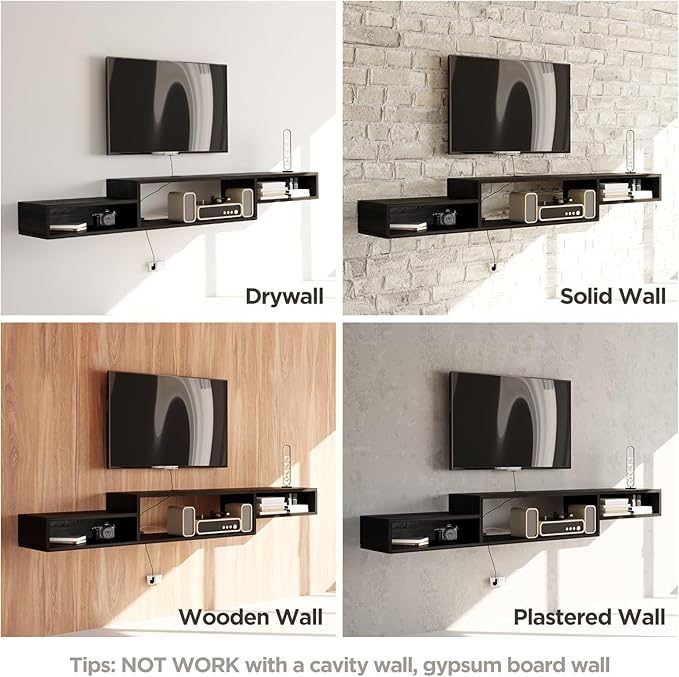 Floating TV Stand Wall Mounted with Power Outlet 70", Floating Entertainment Center, Wood Media Console Shelf for Under TV Storage for Living Room Bedroom Office, Black - LeafyLoom