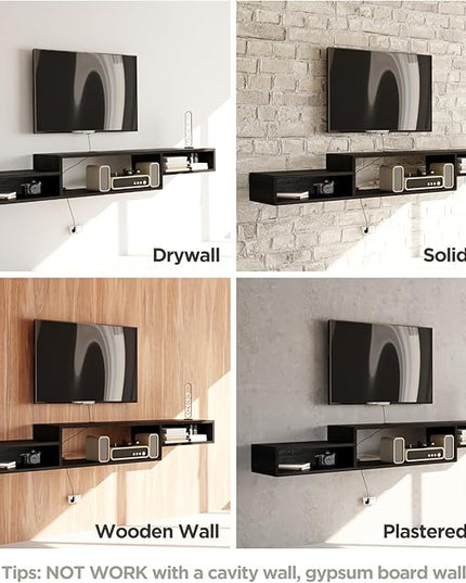 Floating TV Stand Wall Mounted with Power Outlet 59", Floating Entertainment Center, Wood Media Console Shelf for Under TV Storage for Living Room Bedroom Office, Black - LeafyLoom
