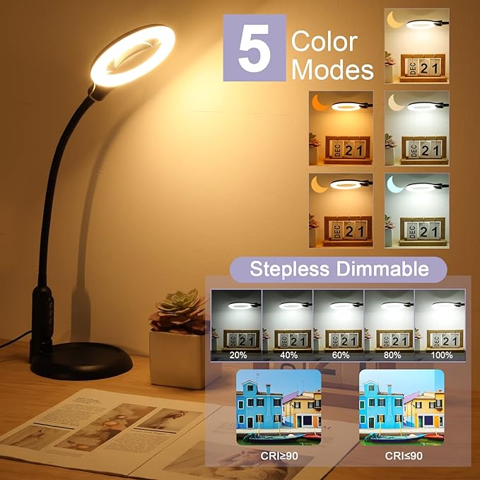 2-in-1 10X Magnifying Glass with Light and Stand, 5 Color Modes Stepless Dimmable LED Magnifying Clamp Lamp, Desk Lighted Magnifier Hands Free for Craft Close Work Sewing Painting Hobby, Black - LeafyLoom