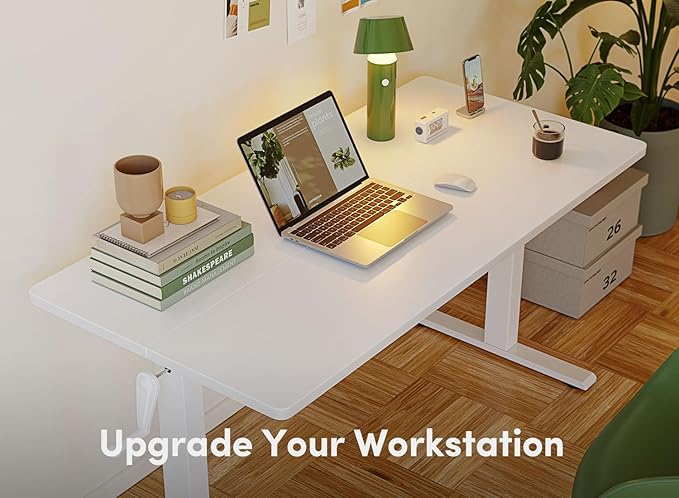 FEZIBO Crank Height Adjustable Desk, 55 Inches Manual Standing Desk, Writing Table with Handle, Home Office Desk with White Frame/White Table Top - LeafyLoom