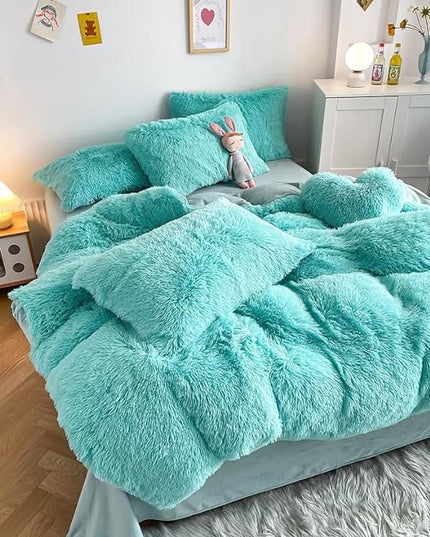 Faux Fur Kids Girls Sky Blue Comforter Sets Queen - 3PC Bed Set Warm Comfortable Soft Plush Flannel Velvet Fluffy Fuzzy Bedding（Comforter x 1 Pillowcases x 2） - LeafyLoom