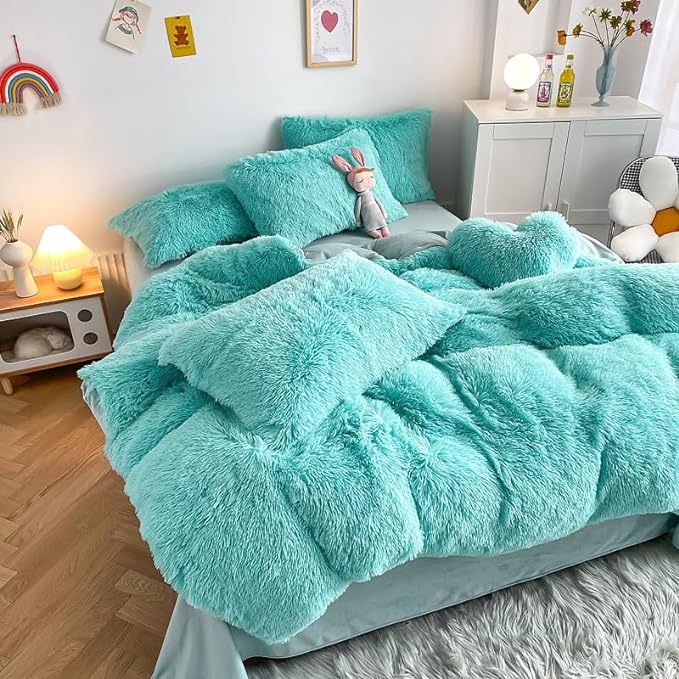 Faux Fur Kids Girls Sky Blue Comforter Sets Queen - 3PC Bed Set Warm Comfortable Soft Plush Flannel Velvet Fluffy Fuzzy Bedding（Comforter x 1 Pillowcases x 2） - LeafyLoom