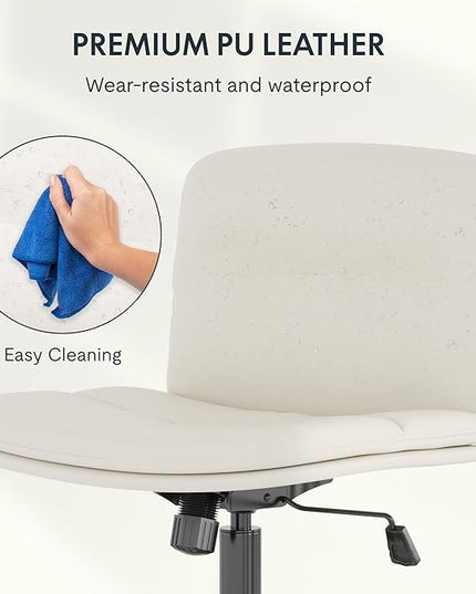 FLEXISPOT Cross Legged Office Chair Armless Desk Chair Comfy Wide Seat Criss Cross Chair with Wheels Vanity Chair for Living Room Bedroom Study Room(White Light Beige) - LeafyLoom