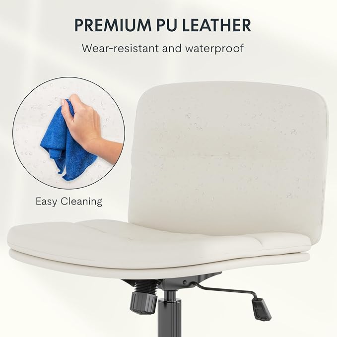 FLEXISPOT Cross Legged Office Chair Armless Desk Chair Comfy Wide Seat Criss Cross Chair with Wheels Vanity Chair for Living Room Bedroom Study Room(White Light Beige) - LeafyLoom