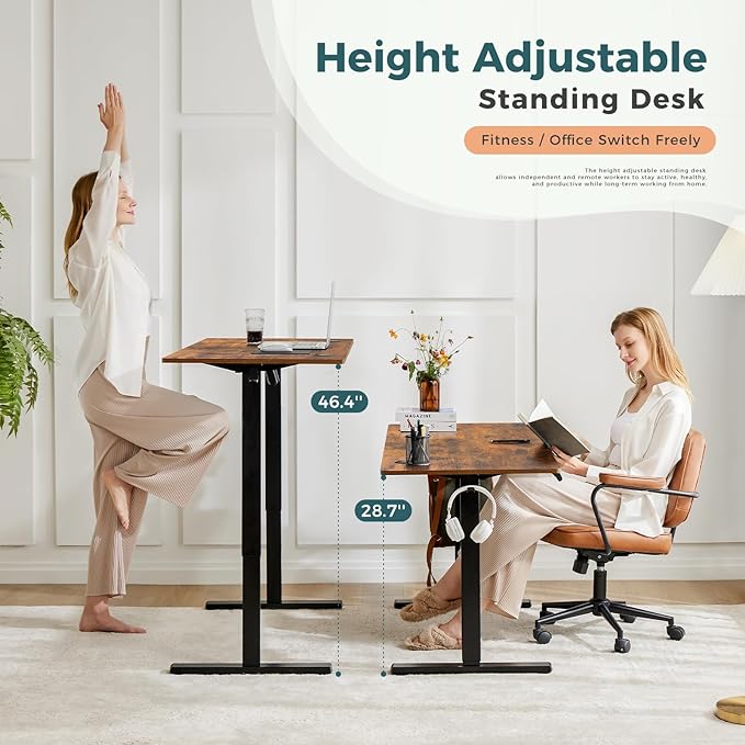 SMUG Electric Standing Desk, 55 x 24 Inch, Rustic Brown, Ergonomic Adjustable Desk Stand with Memory Preset, Sit Stand Desk for Home Office, Suitable for Daily Use - LeafyLoom