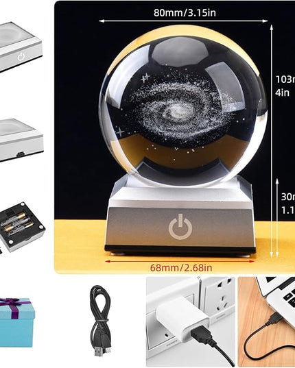 3D Model of Galaxy Crystal Ball, with Led Lamp Stand, Planets Glass Ball, 6 Colors Light, Great Gifts, Home Office Decor, Solar System Sphere with Gift Box - LeafyLoom
