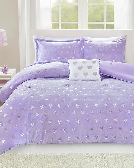 Mi Zone Rosalie Comforter Set for Girls, Ultra-Soft Microlight Plush Metallic Printed Hearts Brushed Reverse Overfilled Down Alternative Hypoallergenic All Season, Full/Queen, Purple/Silver, 4 Piece - LeafyLoom
