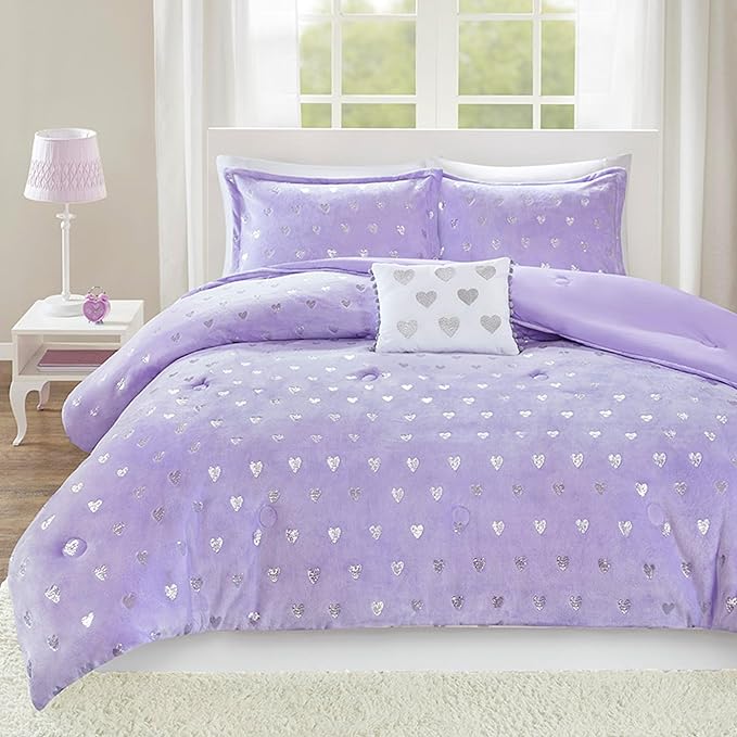 Mi Zone Rosalie Comforter Set for Girls, Ultra-Soft Microlight Plush Metallic Printed Hearts Brushed Reverse Overfilled Down Alternative Hypoallergenic All Season, Twin/Twin XL, Purple/Silver, 3 Piece - LeafyLoom