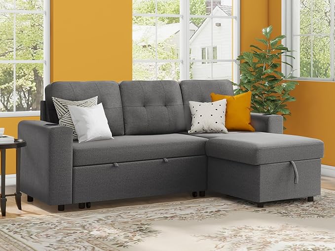 IULULU L Shaped Sectional Sofa, 82 Inch Convertible Sleeper with Pullout Bed, Storage Chaise, Cupholders, 2 in 1 Pull Out Couch for Living Room, Apartment, Charcoal Grey - LeafyLoom