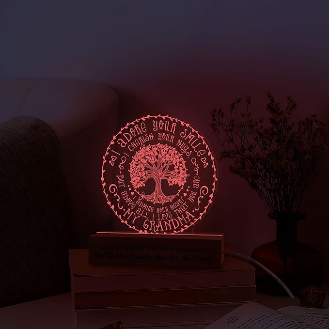 Grandma Gifts from Grandchildren, to My Grandma Night Light, Mothers Day Birthday Christmas Gifts for Grandma, Grandmother, Gifts Bedroom Décor, Lamp with Wooden Base for Women - LeafyLoom