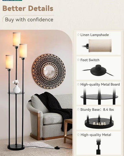 LEDIARY 65" Floor Lamp for Living Room 3-Light Modern Floor Lamps with Shelves, Linen Shades Standing Lamp with On/Off Foot Switch for Bedroom, Black Tall Lamp for Office Corner - LeafyLoom