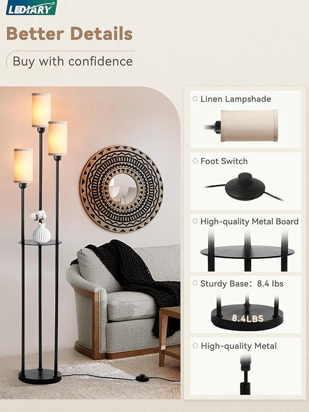 LEDIARY 65" Floor Lamp for Living Room 3-Light Modern Floor Lamps with Shelves, Linen Shades Standing Lamp with On/Off Foot Switch for Bedroom, Black Tall Lamp for Office Corner - LeafyLoom