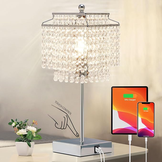 Luvkczc Crystal Table Lamp with Touch Control, USB Bedside Crystal Table Lamp, 3-Way Dimmable Lamp with Crystal Shade for Girls Bedroom, Living Room, 6W LED Bulb Included - LeafyLoom