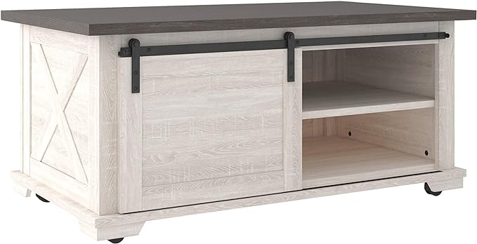 Signature Design by Ashley Dorrinson Farmhouse Coffee Table with Sliding Barn Doors, Antique White & Brown - LeafyLoom