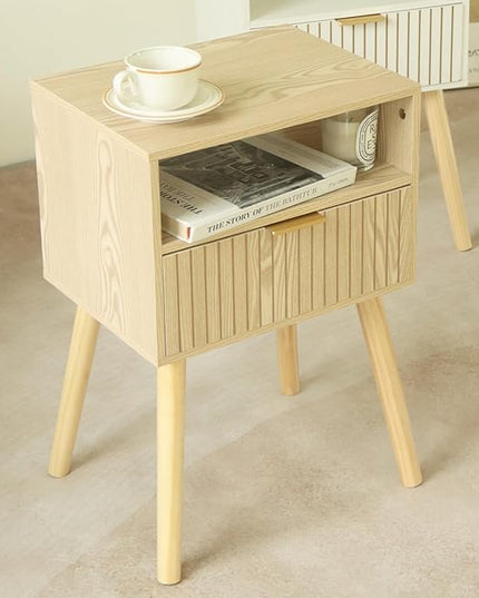 MaxSmeo Small Nightstand Wood Bedside Table with Drawer, Modern End Table for Bedroom and Small Spaces, Solid Wood Legs, Easy Assembly, Natural - LeafyLoom