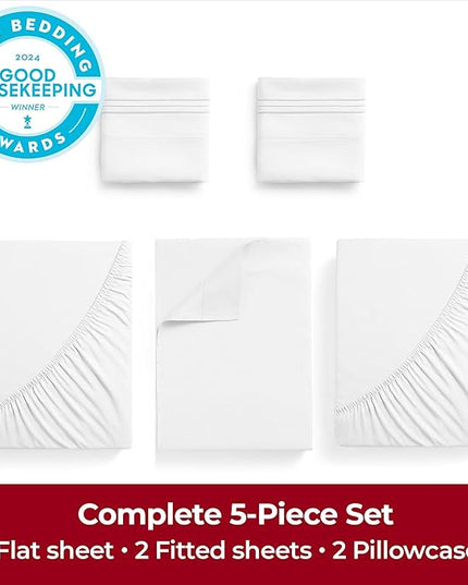 Mellanni Extra Deep Split King Sheets - 5 PC Iconic Collection Bedding Sheets & Pillowcases - Hotel Luxury, Ultra Soft, Cooling Bed Sheets - Extra Deep Pocket up to 21 inch (Split King, White) - LeafyLoom