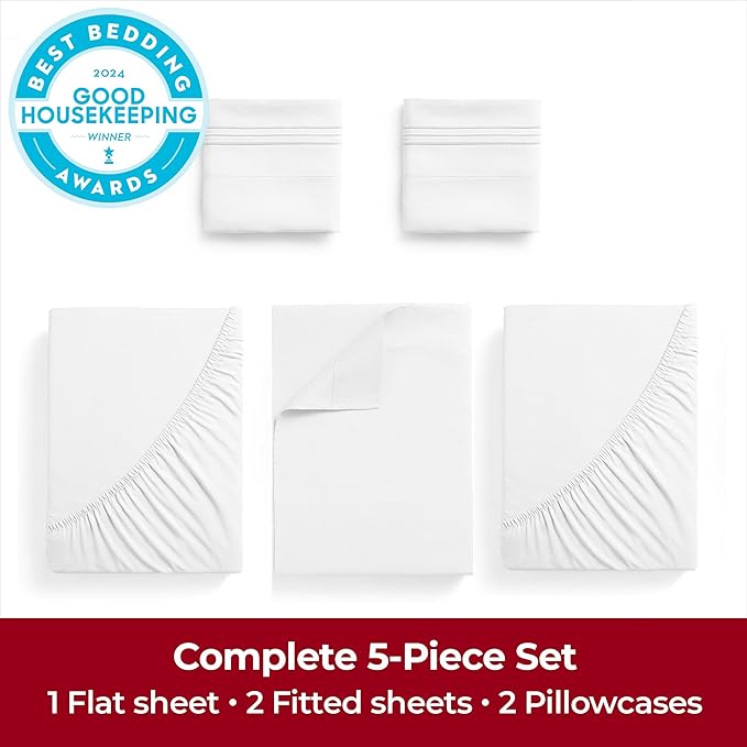 Mellanni Extra Deep Split King Sheets - 5 PC Iconic Collection Bedding Sheets & Pillowcases - Hotel Luxury, Ultra Soft, Cooling Bed Sheets - Extra Deep Pocket up to 21 inch (Split King, White) - LeafyLoom
