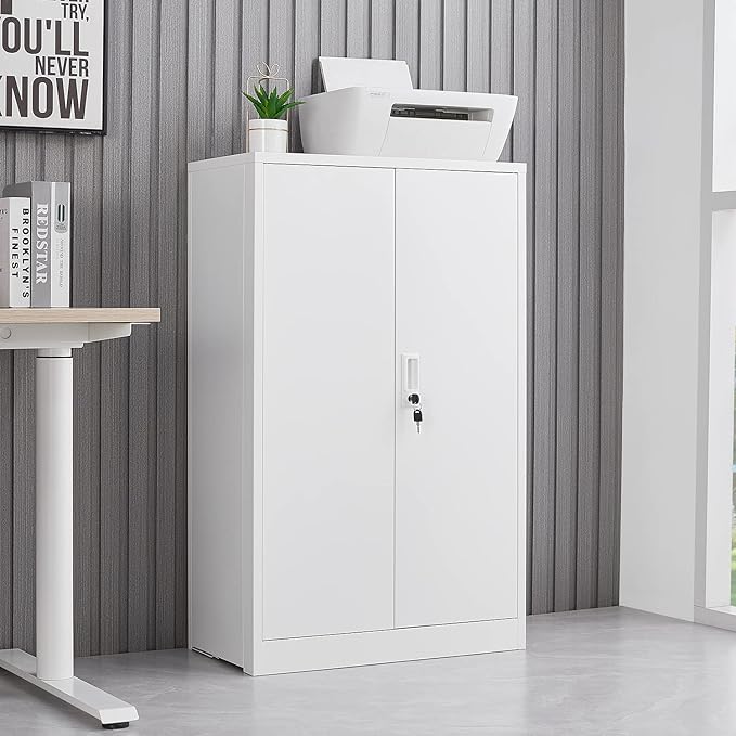 41.97" Metal Storage Doors and Adjustable Shelf,Folding Filing Cabinets w/Solid Steel Tube Locking Shaft,for Home Office,School,Garage,White - LeafyLoom