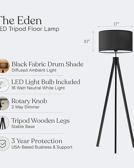 Brightech Eden Tripod LED Floor Lamp – Mid Century Dimmable Modern Light for Contemporary Living Rooms - Tall Free Standing Lamp with Solid Wood Legs for Bedroom, Office - Classic Black - LeafyLoom