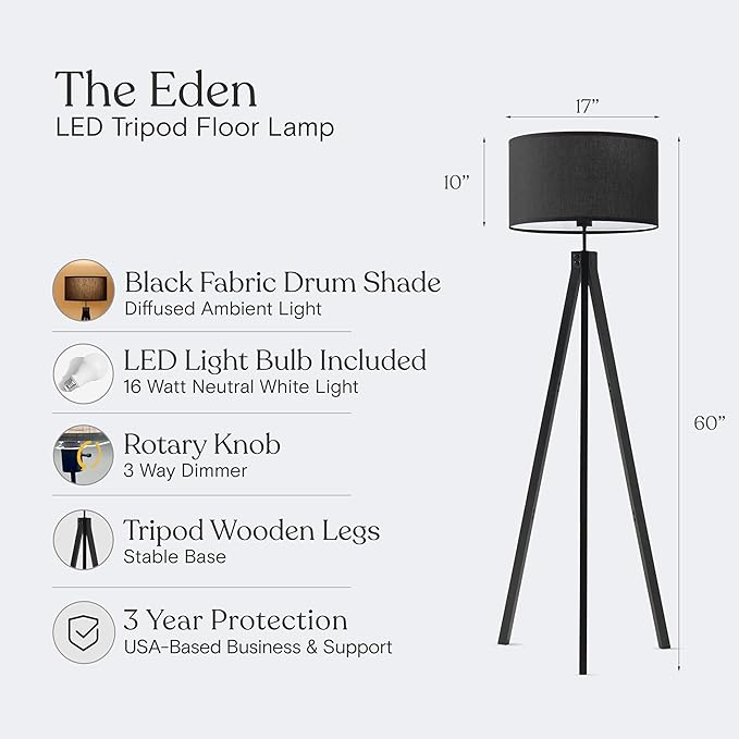 Brightech Eden Tripod LED Floor Lamp – Mid Century Dimmable Modern Light for Contemporary Living Rooms - Tall Free Standing Lamp with Solid Wood Legs for Bedroom, Office - Classic Black - LeafyLoom