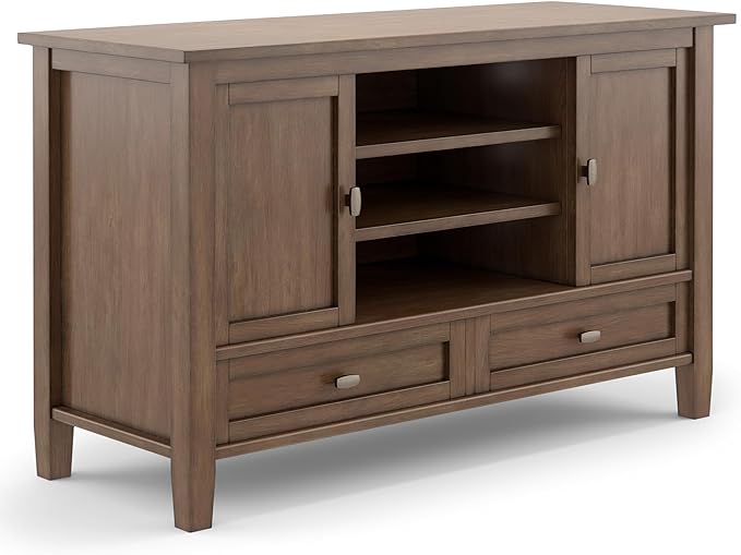 SIMPLIHOME Warm Shaker SOLID WOOD 47 Inch Wide Transitional TV Media Stand in Rustic Natural Aged Brown For TVs up to 50 Inches, For The Living Room and Entertainment Center - LeafyLoom
